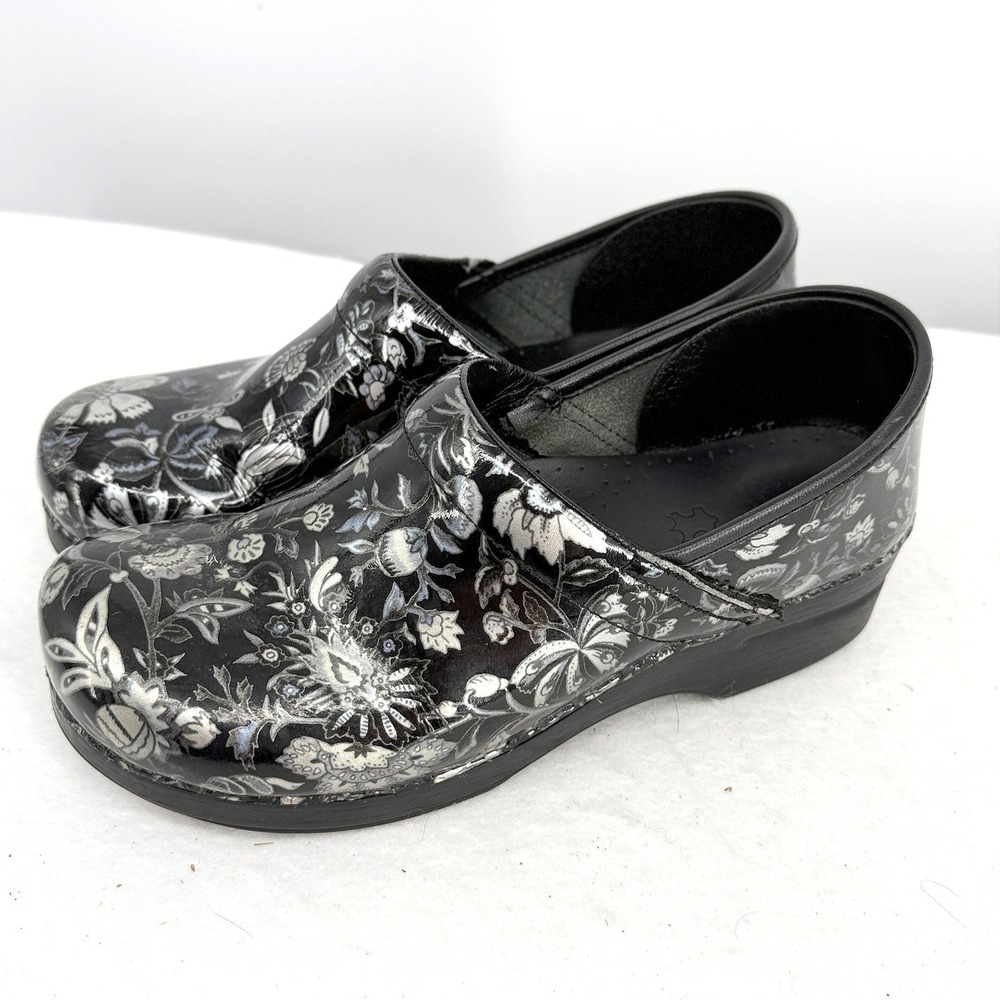 Dansko Professional Clogs Black Silver Floral Patent Leather EU 40 Womens 9.5-10